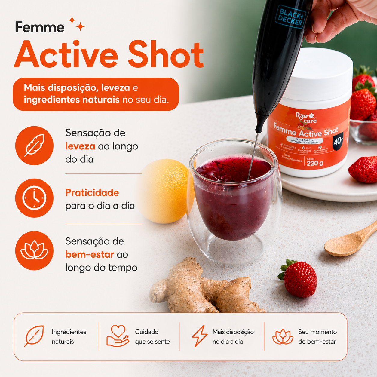Linha Rae Care – Femme Active Shot, DTX Flow e Ritual Tea