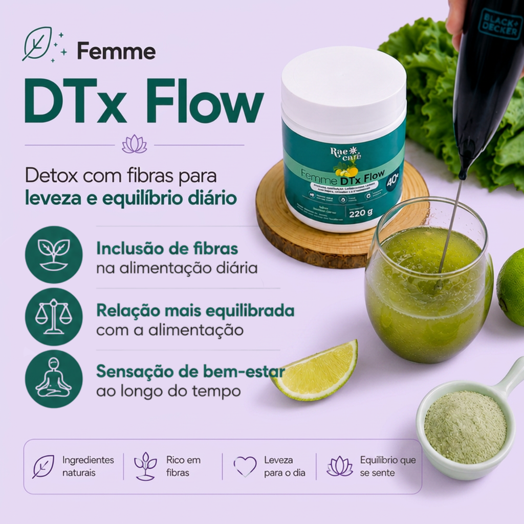 Linha Rae Care – DTx Flow, Ritual Tea e Active Shot